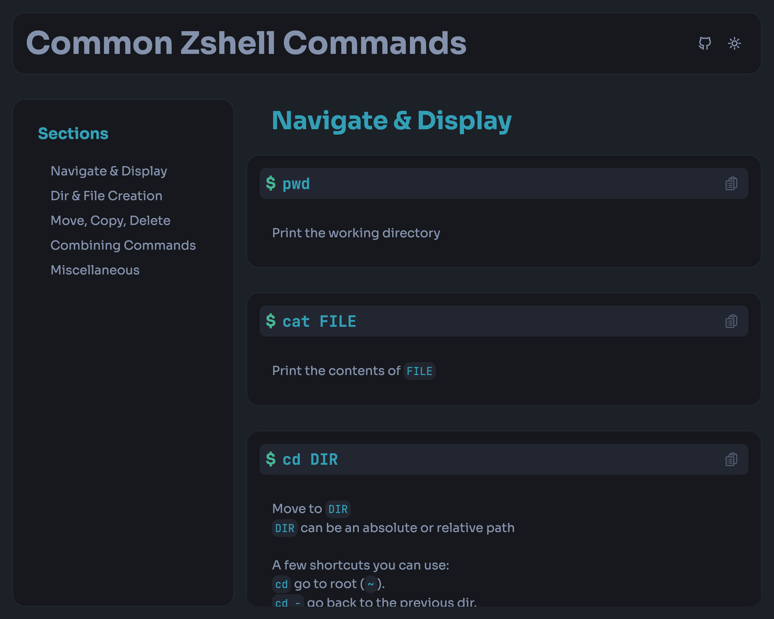 screenshot of z shell cheat sheet